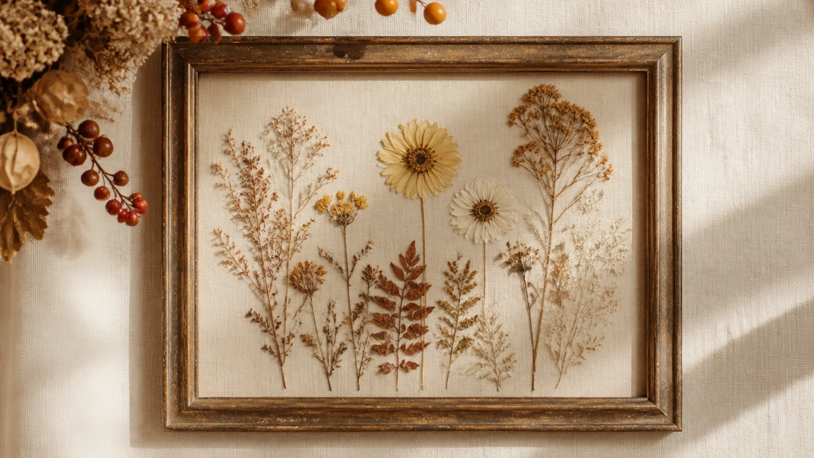 A photo frame accented with dried berries, seed pods, and small blooms in a corner for autumnal texture.