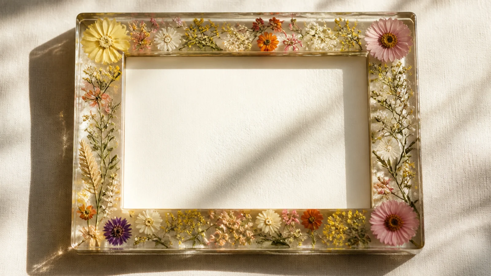 A photo frame with pressed flowers encased in a clear resin coating along the frame's edge, glossy and smooth.