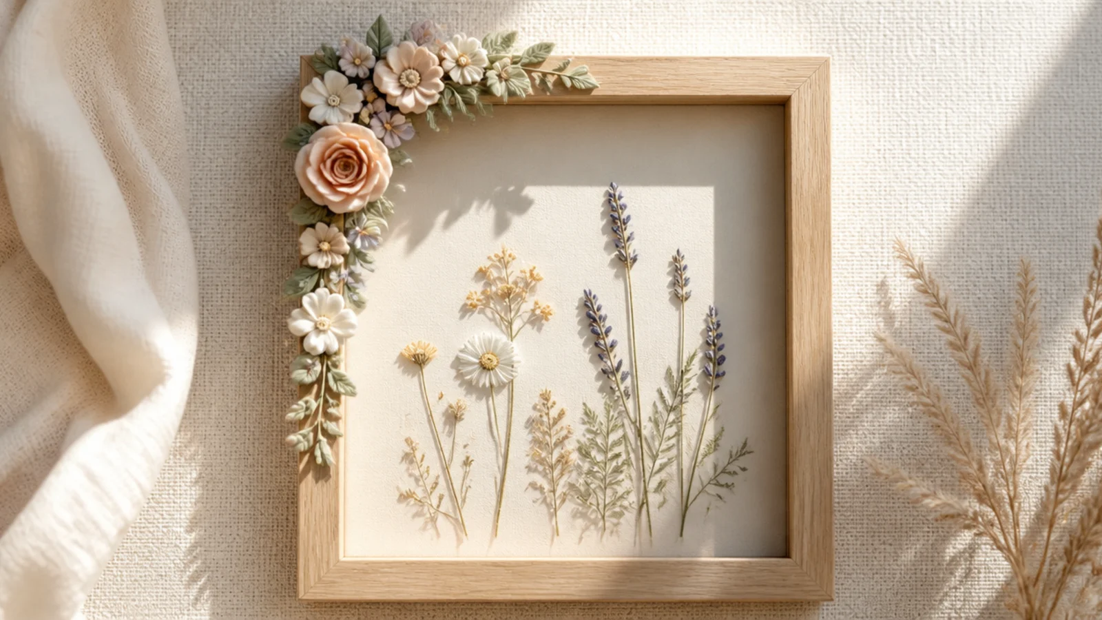 A photo frame decorated with small handmade polymer clay flowers in soft pastel colors around one corner.