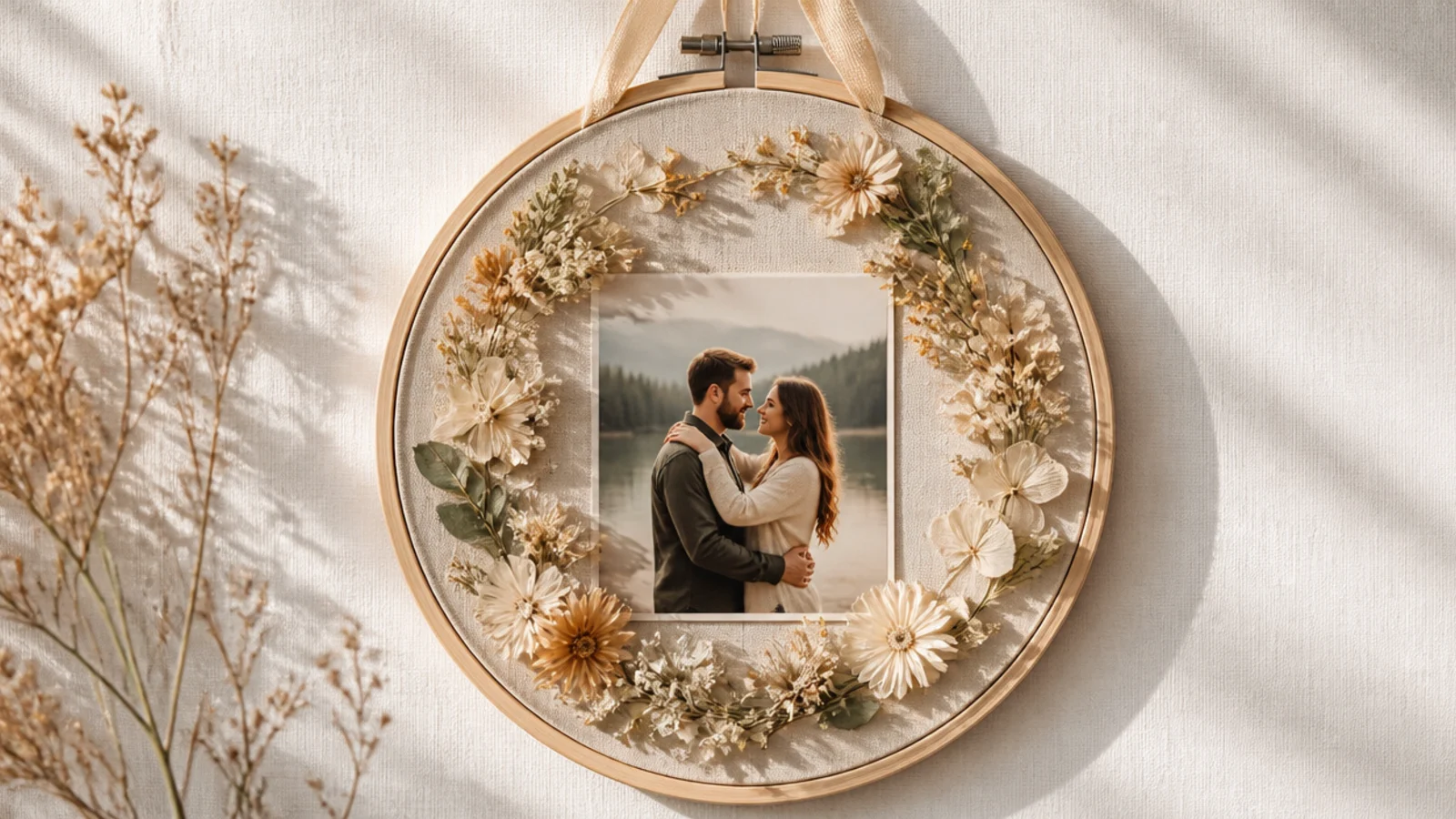 A round embroidery hoop with a photo in the center and dried flowers arranged around the hoop's rim, hung by ribbon.