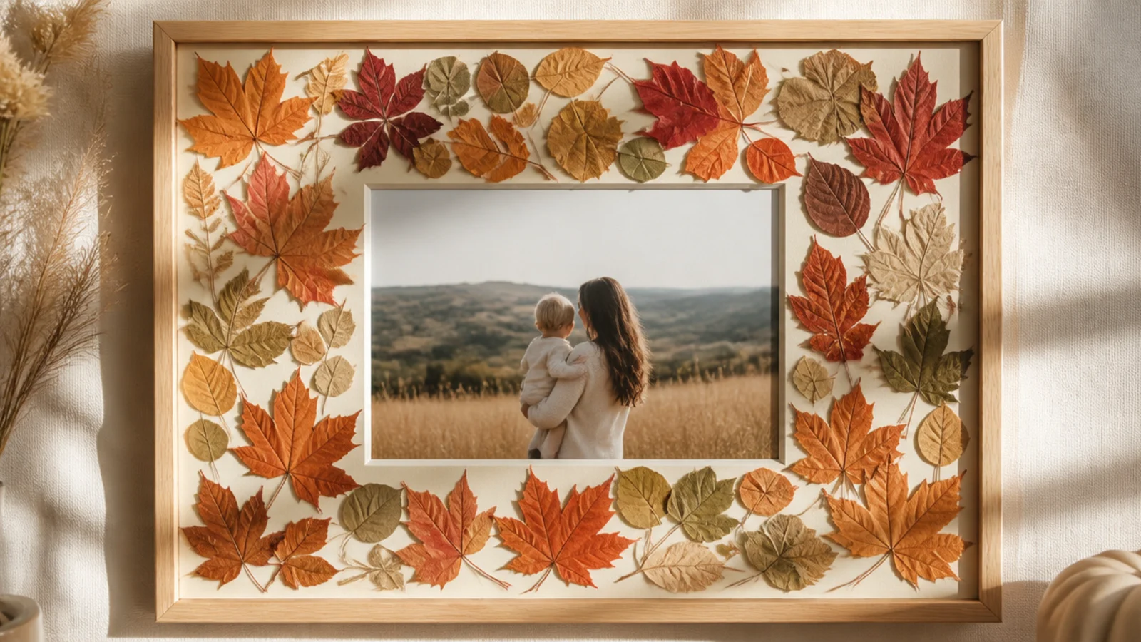 A photo frame bordered with pressed autumn leaves in red, orange, and gold overlapping around the edge.