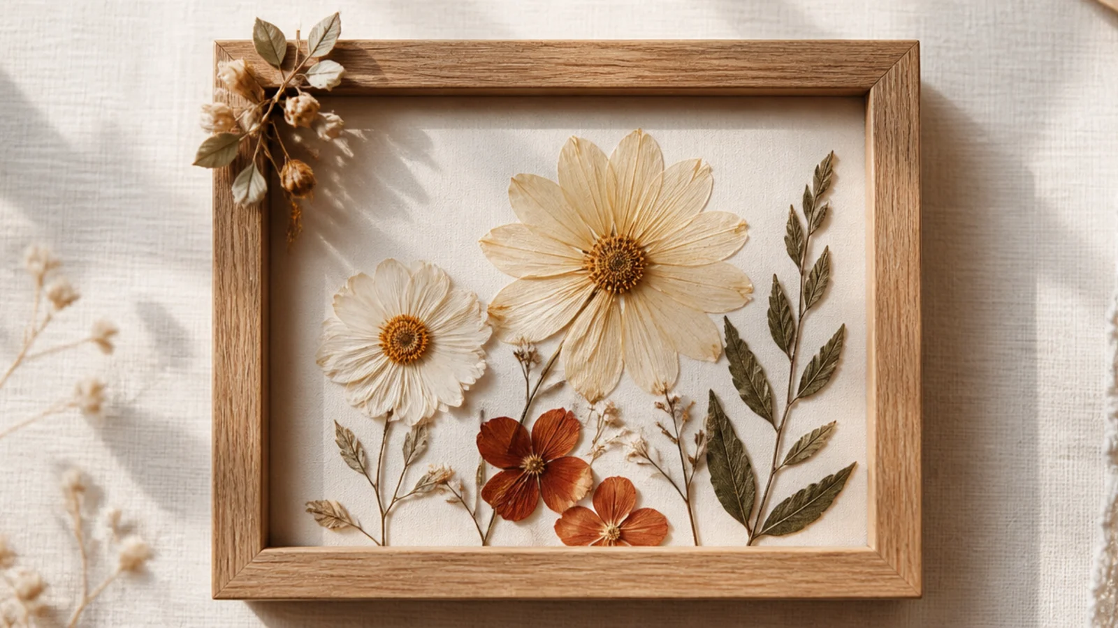 A small photo frame with a tiny cluster of miniature dried buds and leaves accenting one corner delicately.