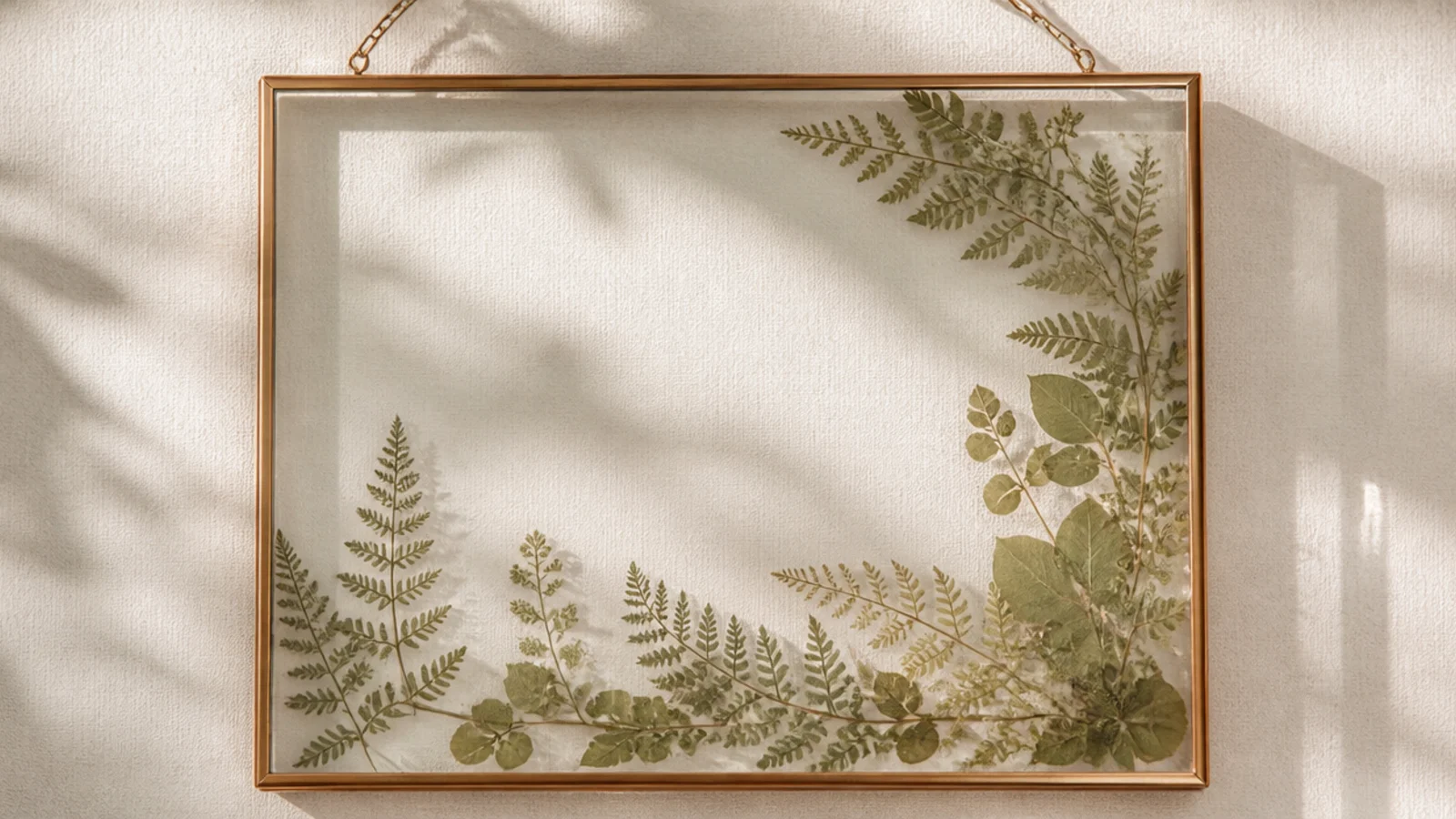 A photo frame decorated only with dried green leaves and ferns along two edges, no flowers, calm and fresh.
