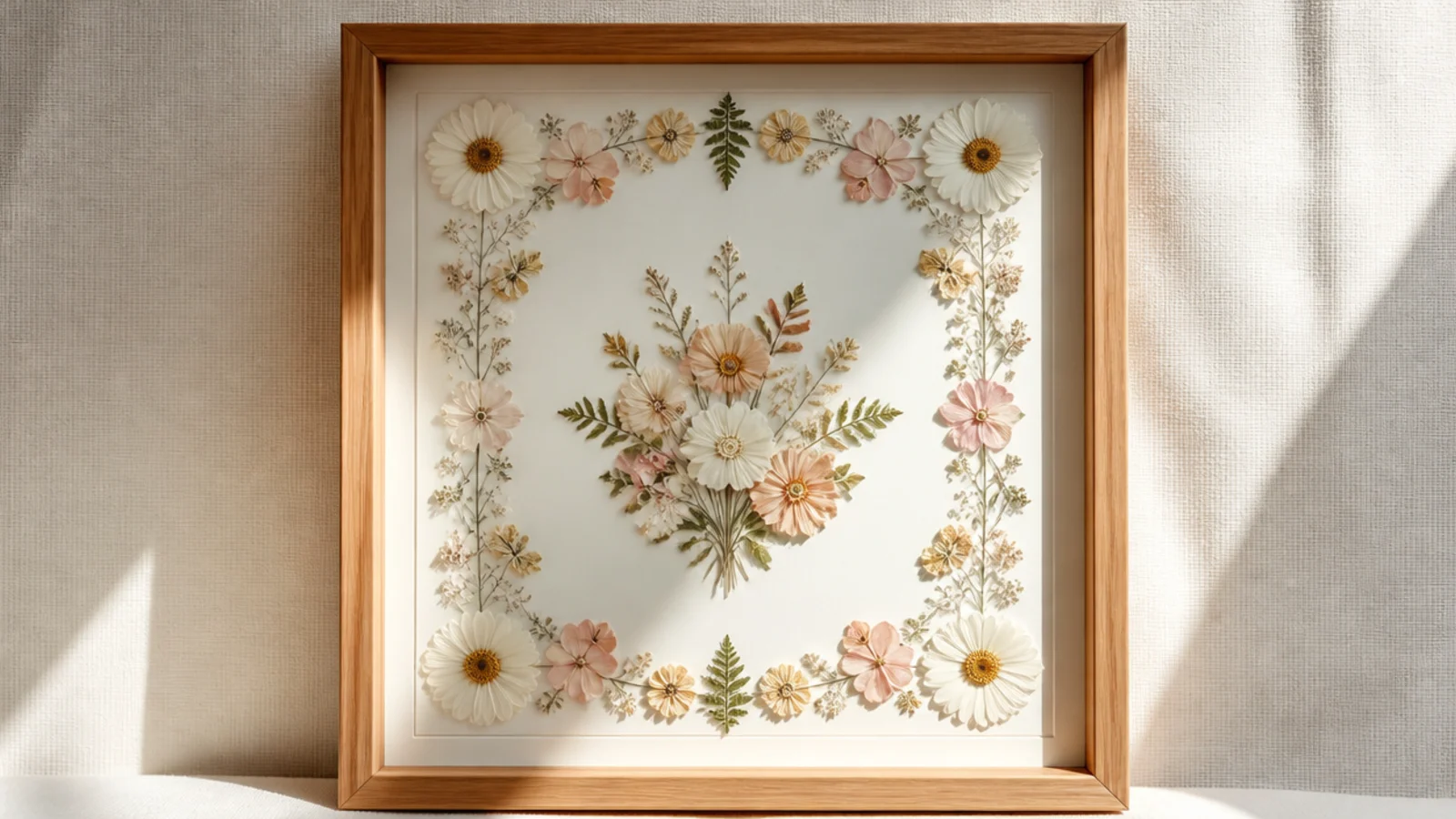 A framed photo with a full even border of pressed flowers arranged symmetrically on the mat behind glass.