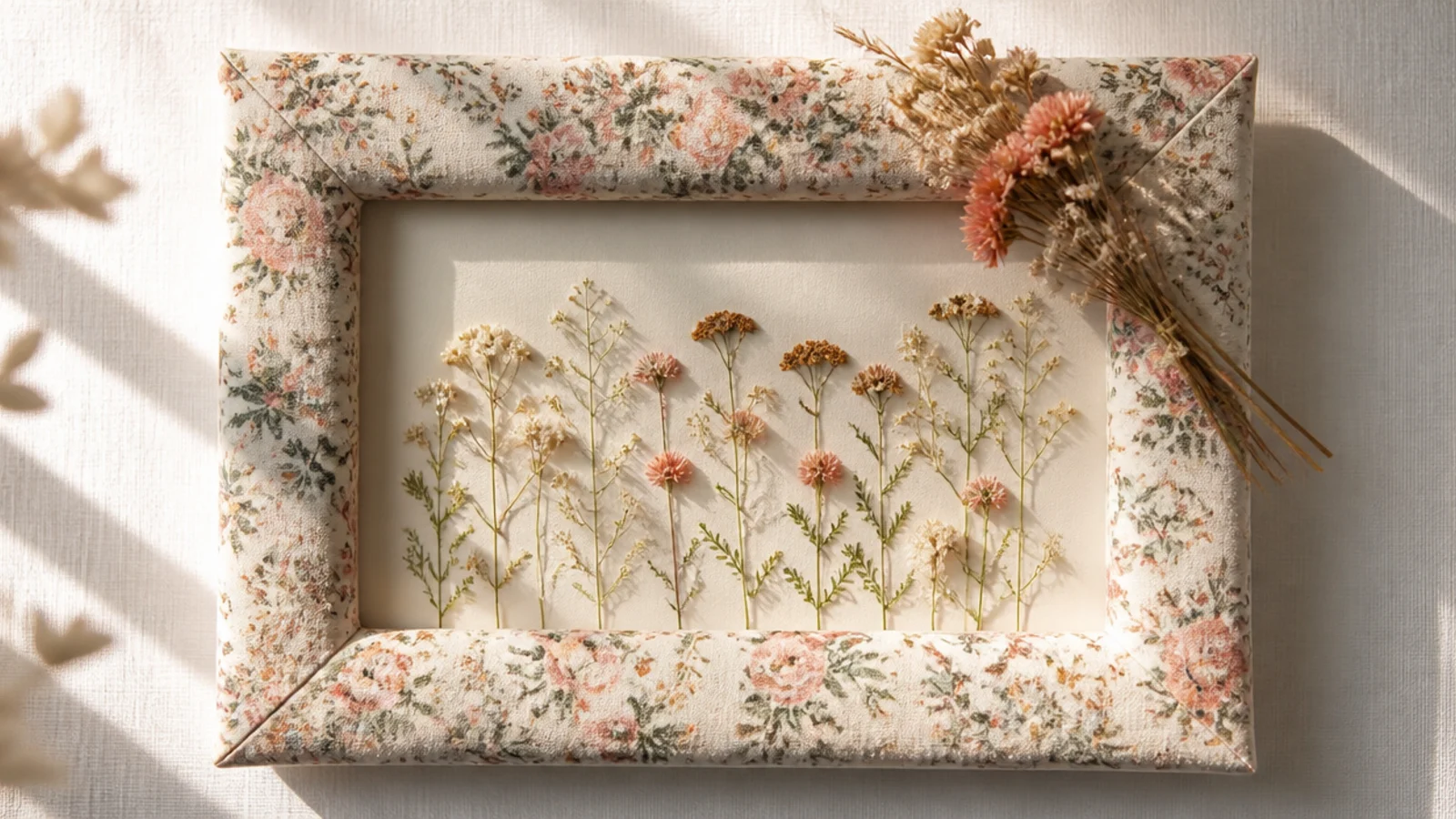 A photo frame wrapped in soft floral-print fabric with a few dried blooms accenting one corner.