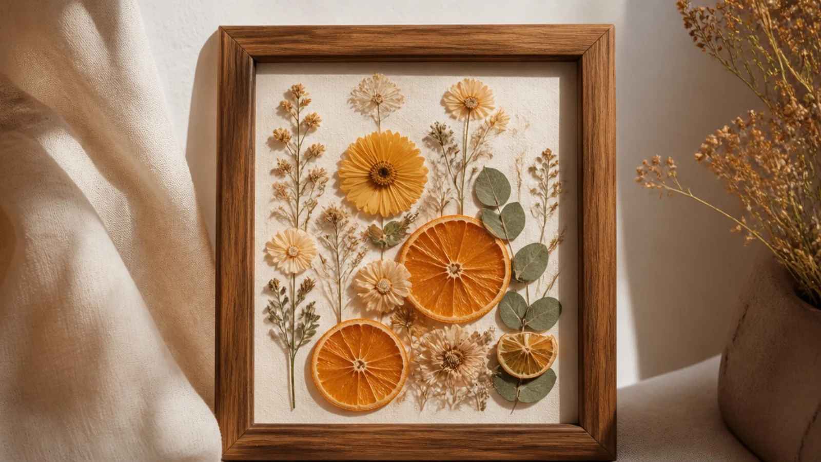 A photo frame accented with dried orange citrus slices and small blooms in a warm rustic corner arrangement.