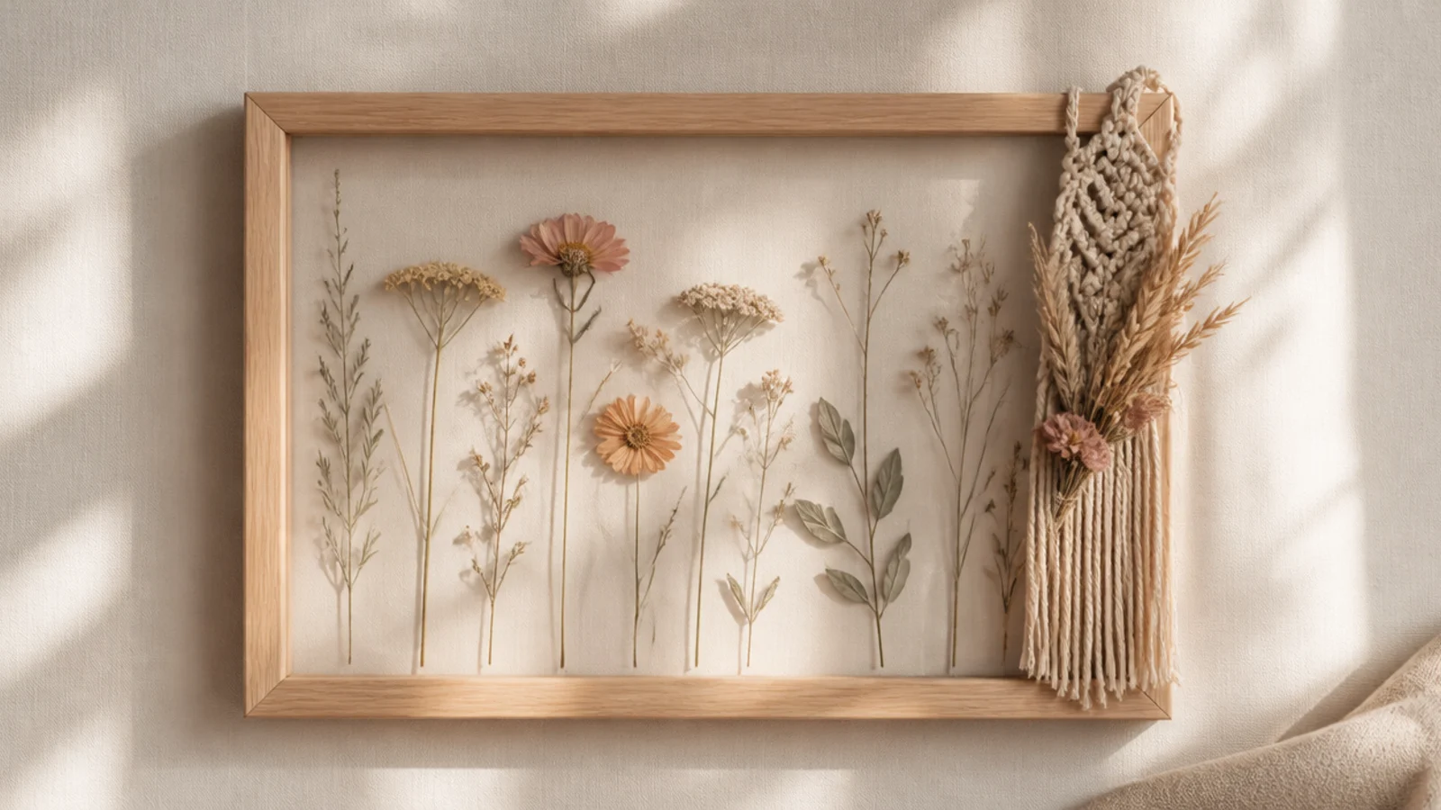 A photo frame with a small macrame detail and dried flowers hanging from one corner in natural boho tones.