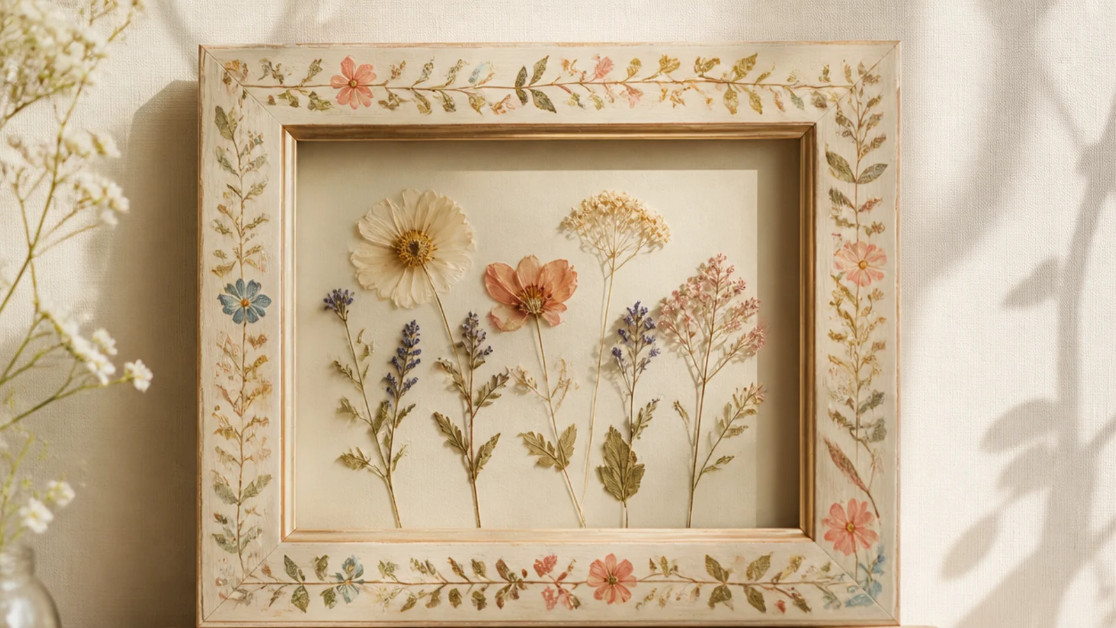 A photo frame hand-painted with a delicate floral vine design in soft colors around the border.