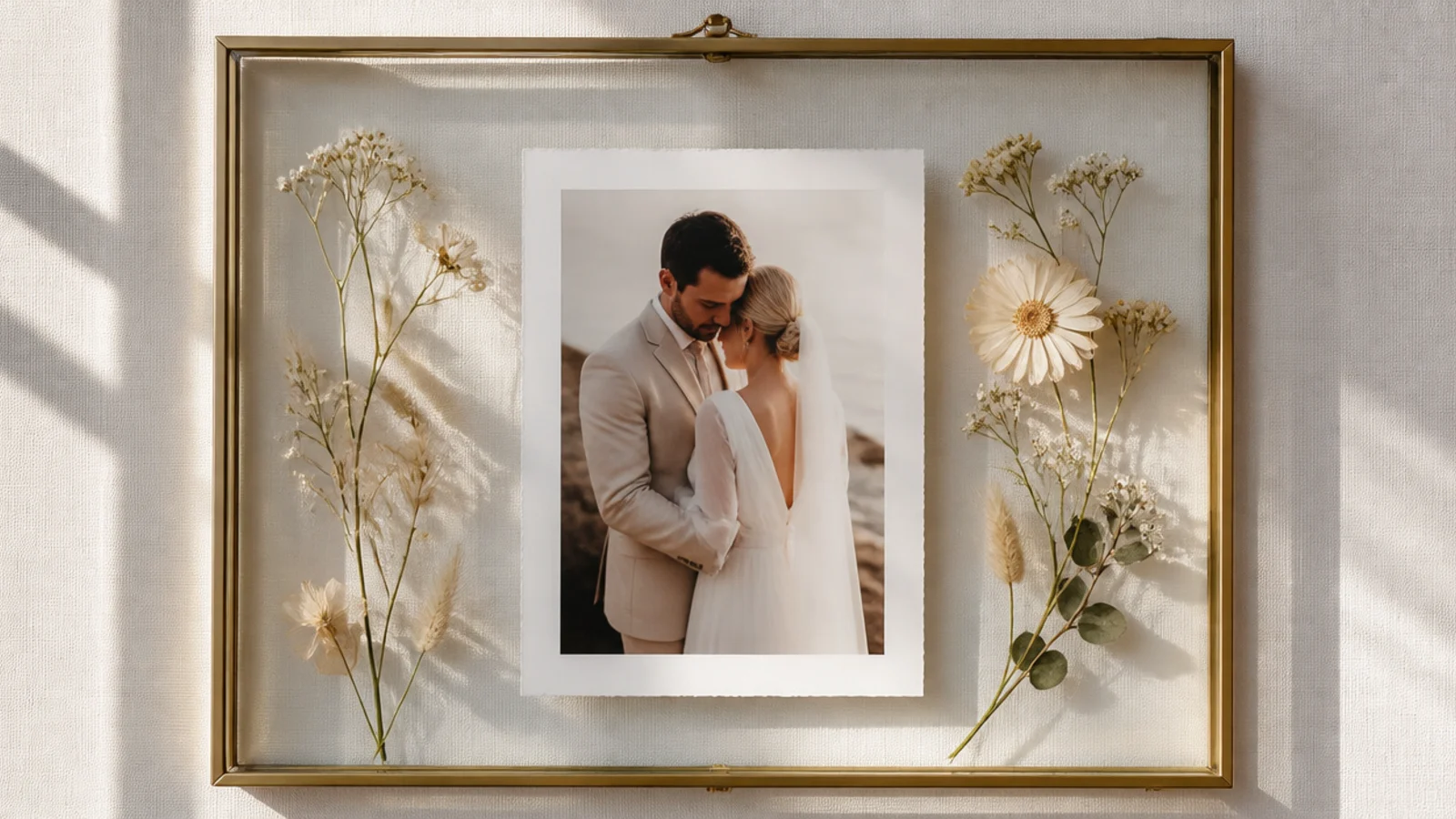 A double-glass float frame holding a photo alongside pressed flowers, both appearing to hover between clear panes.