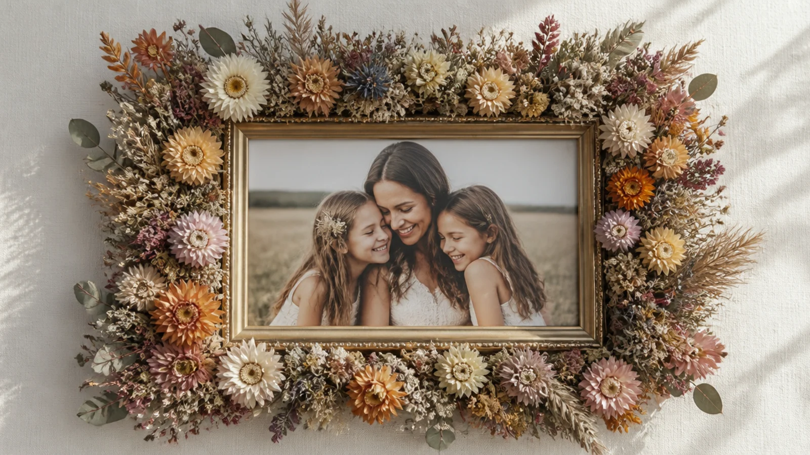 A photo frame with a lush full wreath of mixed dried wildflowers encircling the entire border around the photo.