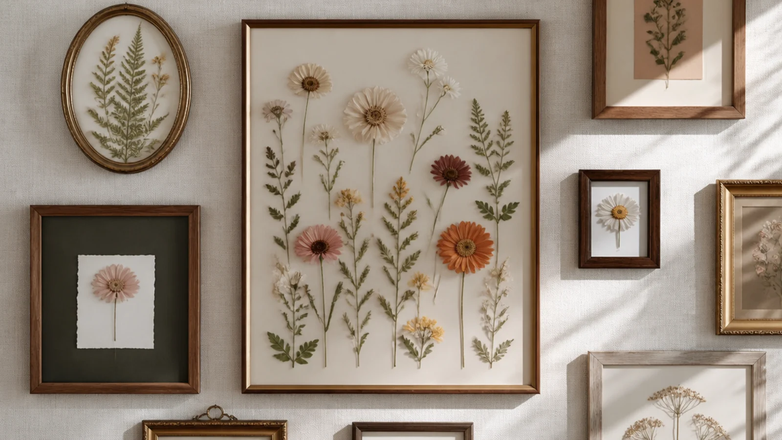 A wall of several flower-decorated photo frames in mixed styles grouped together as a cohesive floral gallery.