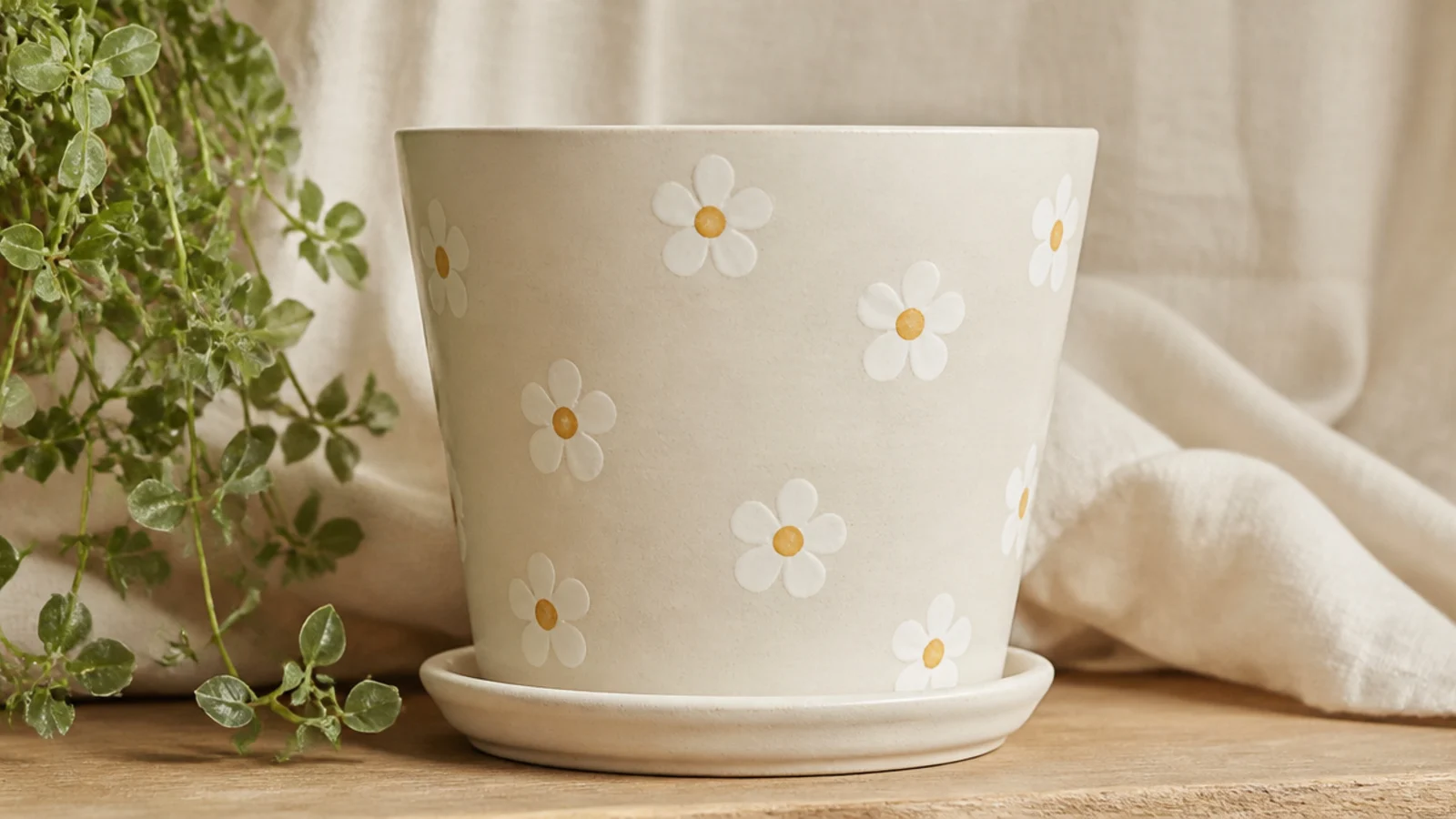 A cream pot scattered with simple white daisies, each made of five rounded petals around a mustard-yellow center.