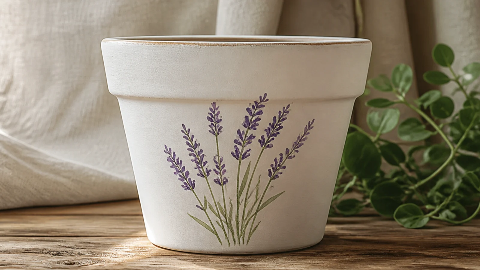 A white pot with a small bundle of purple lavender sprigs painted on the front, each stem topped with tiny dabbed purple buds and thin green stems.