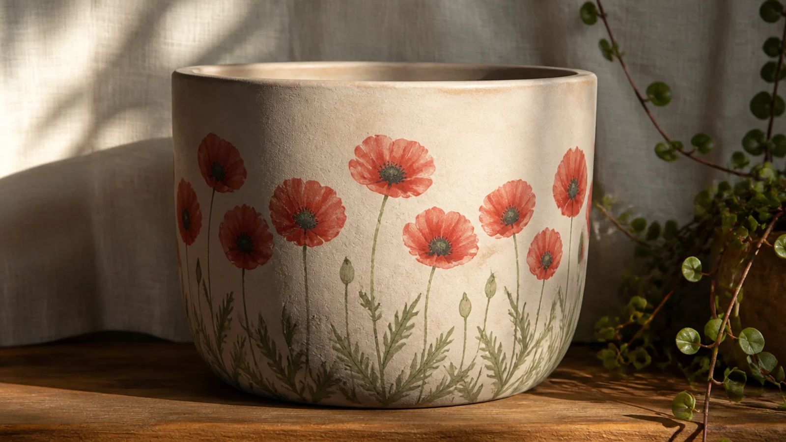 A cream pot with a row of red-orange poppies, each a few rounded petals with a dark center, on thin green stems along the lower half.