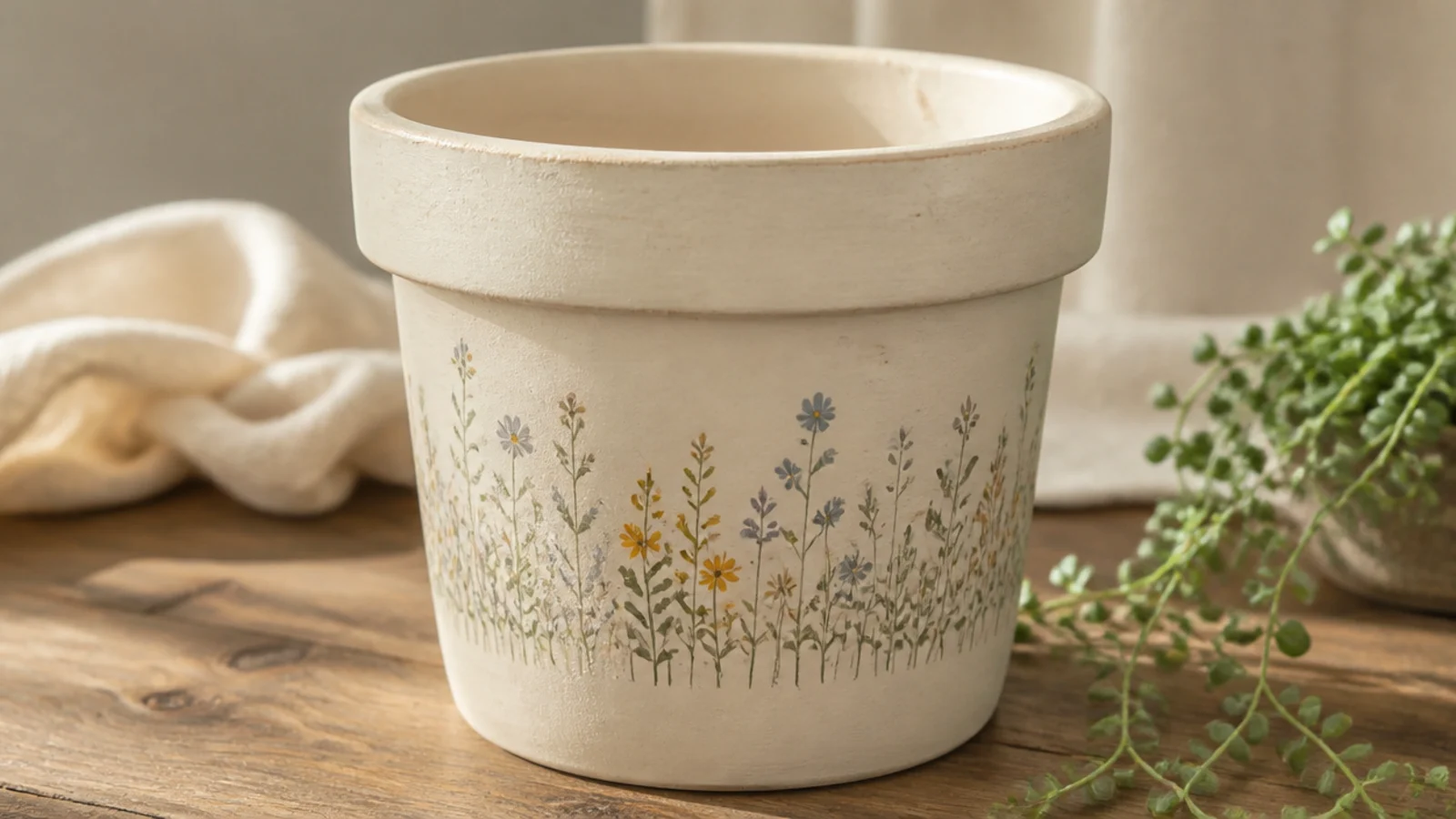 A pale pot with a horizontal band of mixed wildflowers - small dots, dashes, and tiny blooms in sage, mustard, and dusty blue on thin stems.