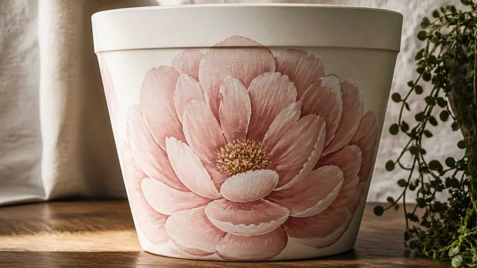 A white pot with one oversized blush-pink flower filling most of the front, layered petals and a soft yellow center.