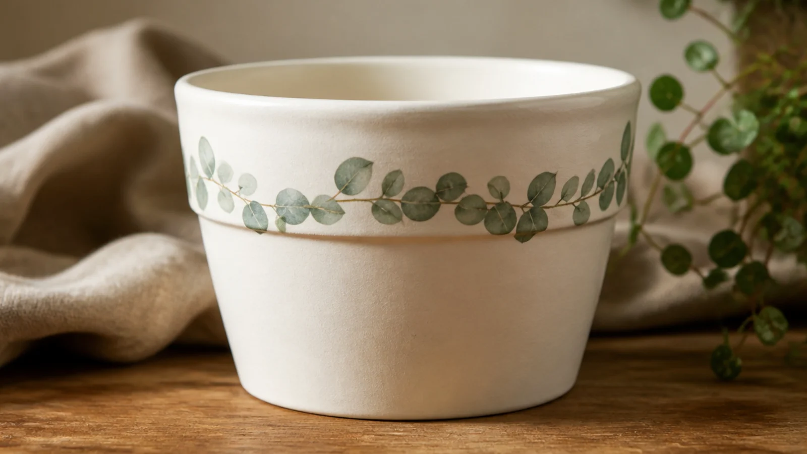 A cream pot with a delicate ring of sage-green eucalyptus leaves wrapping around the upper third like a wreath.