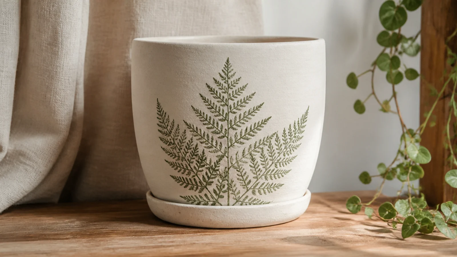 A cream pot with a crisp sage-green fern silhouette printed on the front, veins visible, made by stamping with an actual leaf.