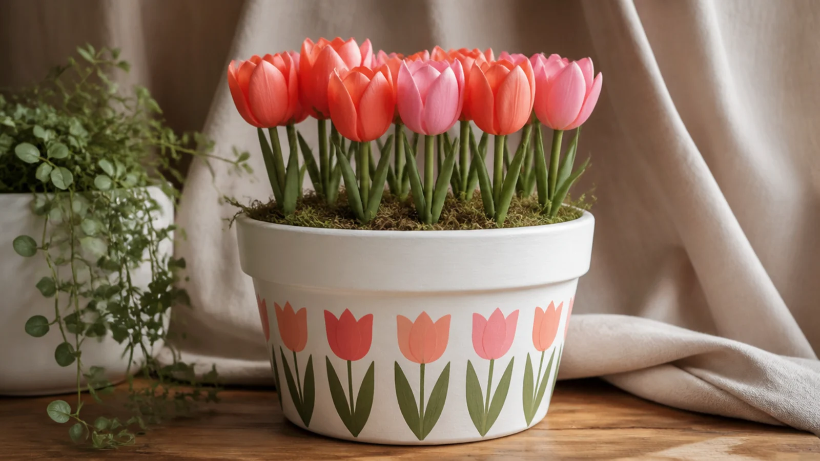 A white pot with a tidy row of stylized tulips in coral and pink, each a simple three-petal cup on a straight green stem.