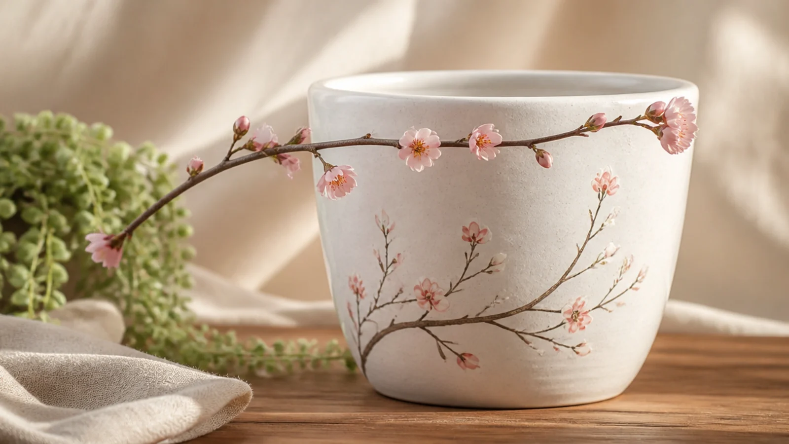 A white pot with a slender brown branch arcing across the front, dotted with small pale-pink five-petal blossoms and buds.