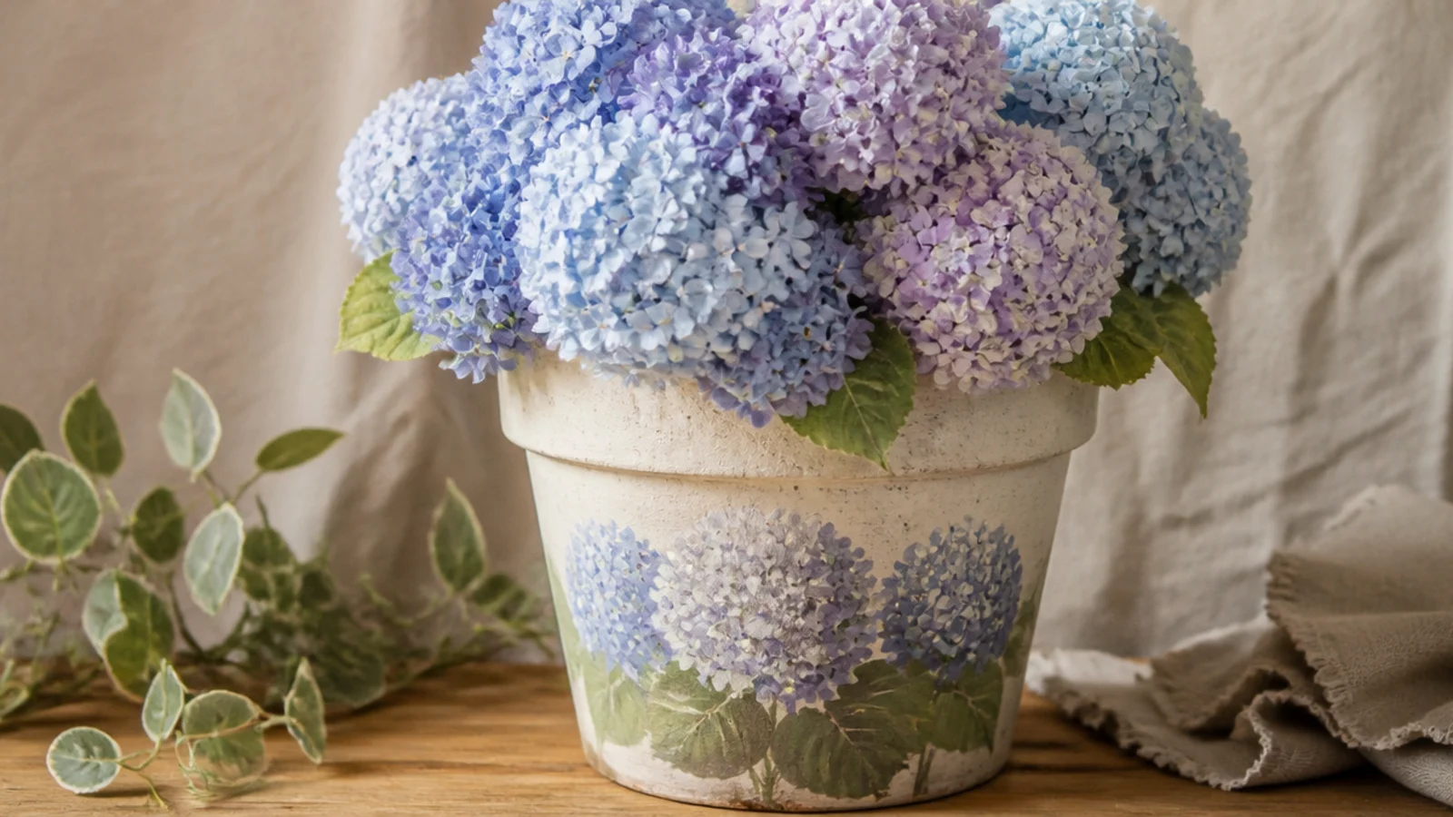 A cream pot with a soft round cluster of dusty-blue and lavender hydrangea blooms built from sponged dots, with green leaves below.