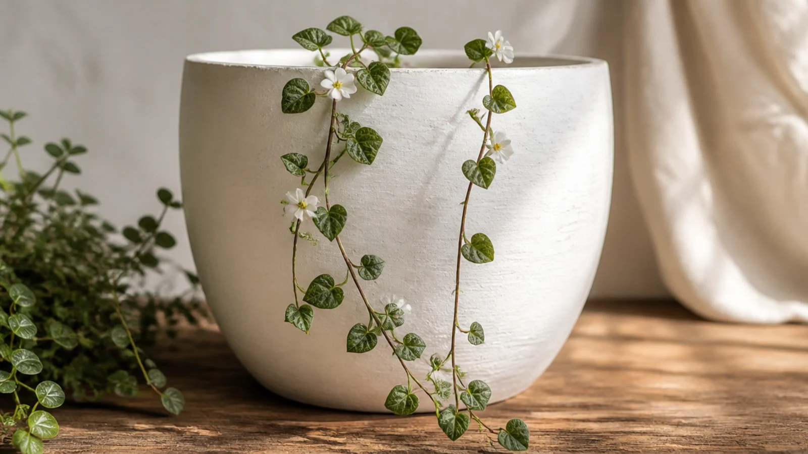 A white pot with a delicate green vine trailing down from the rim, small heart-shaped leaves and a few tiny white flowers along its length.