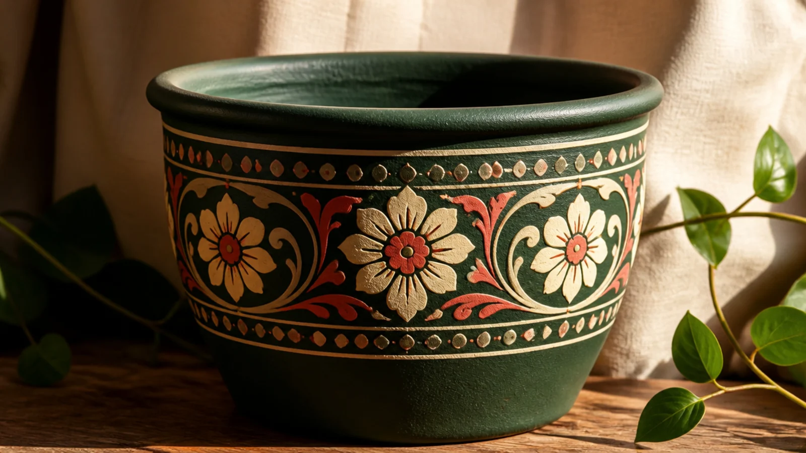 A deep-green pot with a folk-art band of stylized cream and coral flowers, scrolls, and dots wrapping around the middle.