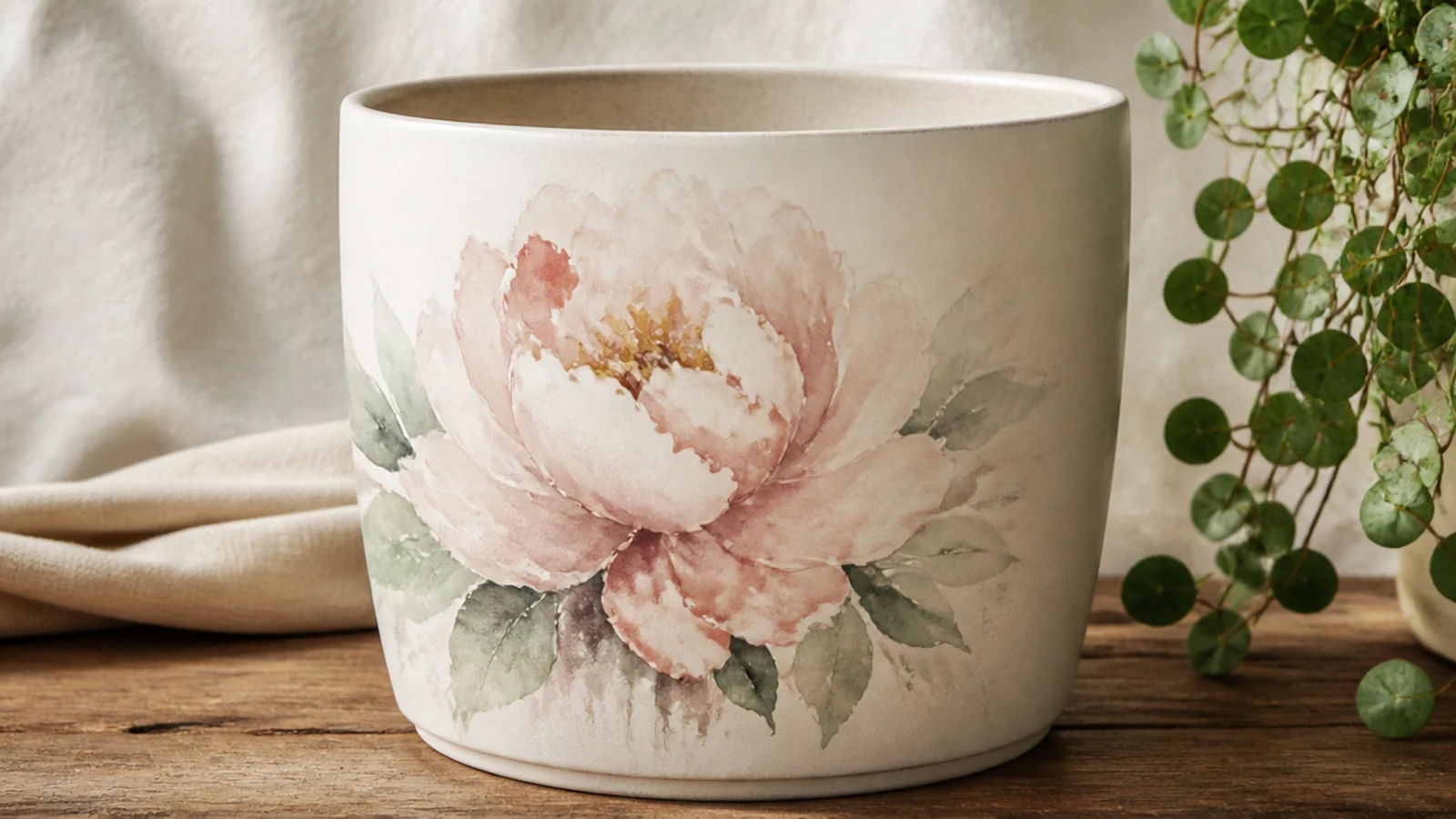 A white pot with a soft, blended blush-and-white peony painted in a loose watercolor style, edges fading into the background.