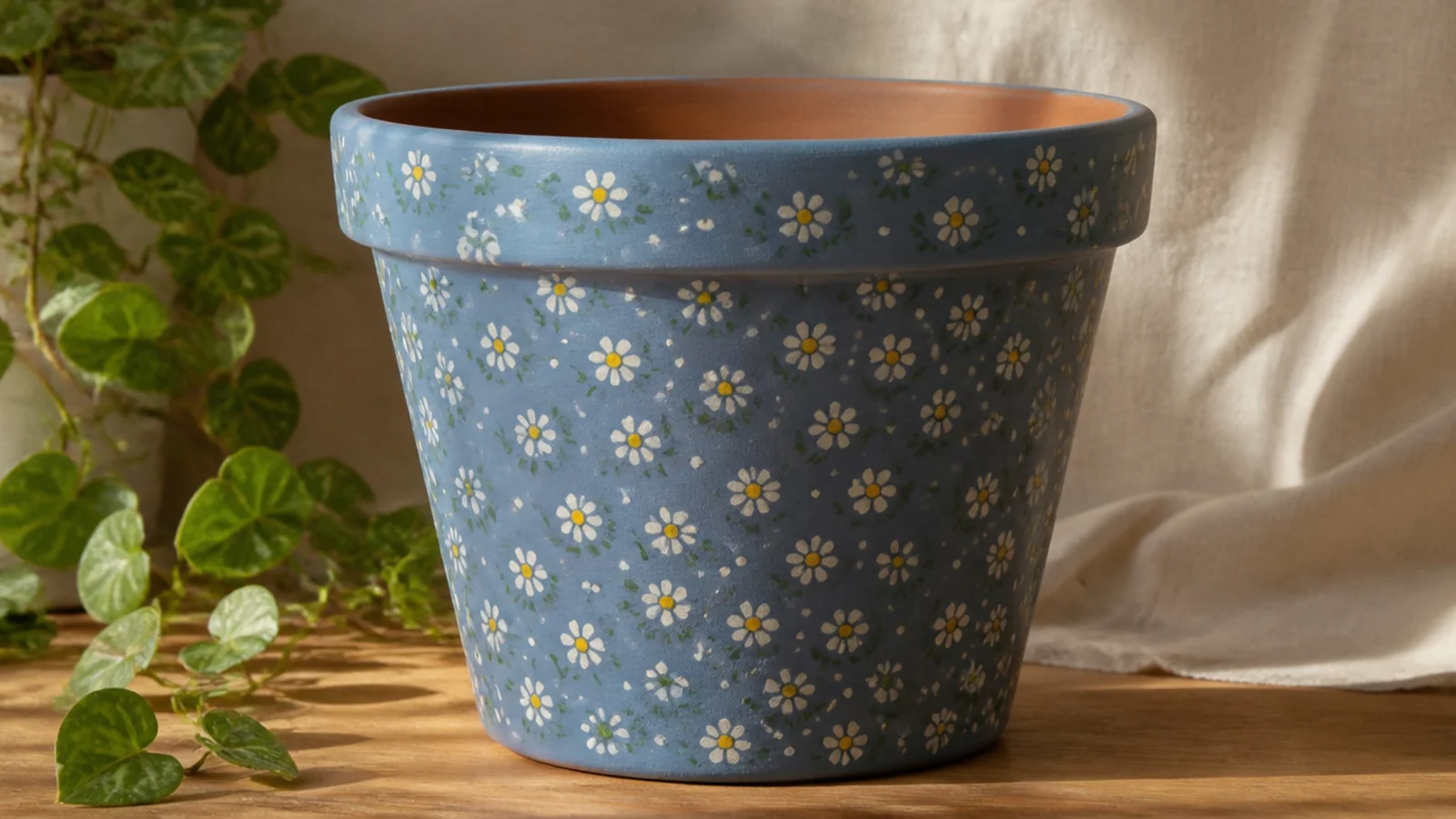 A dusty-blue pot covered in a small, evenly scattered ditsy print of tiny white and yellow flowers with green dot leaves.