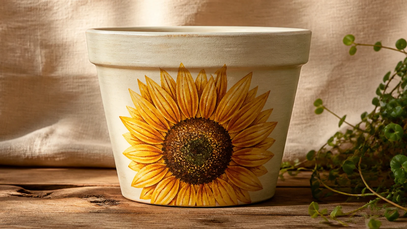 A cream pot with one large sunflower on the front, golden-yellow pointed petals around a textured brown center.