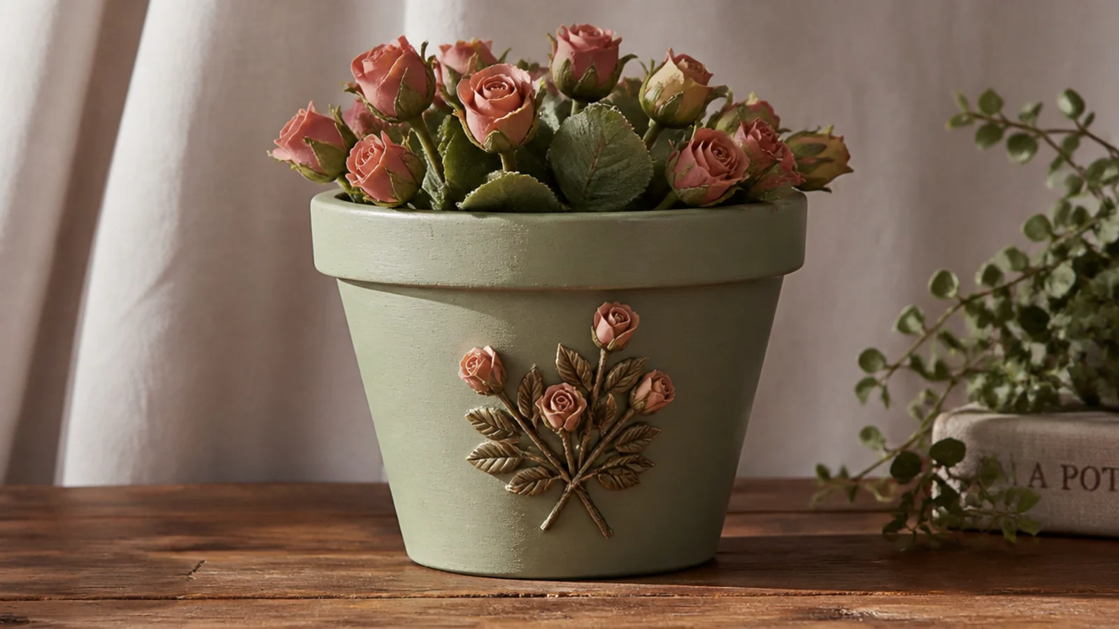 A sage pot with a small cluster of dusty-rose rosebuds and green leaves gathered on the front, each bud a tight spiral of petals.