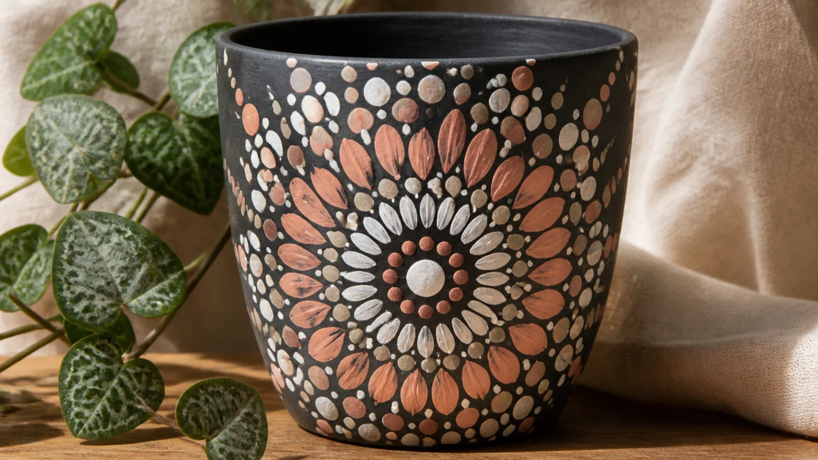 A charcoal pot with a symmetrical mandala-style chrysanthemum built from concentric rings of white and blush dots radiating from a center.