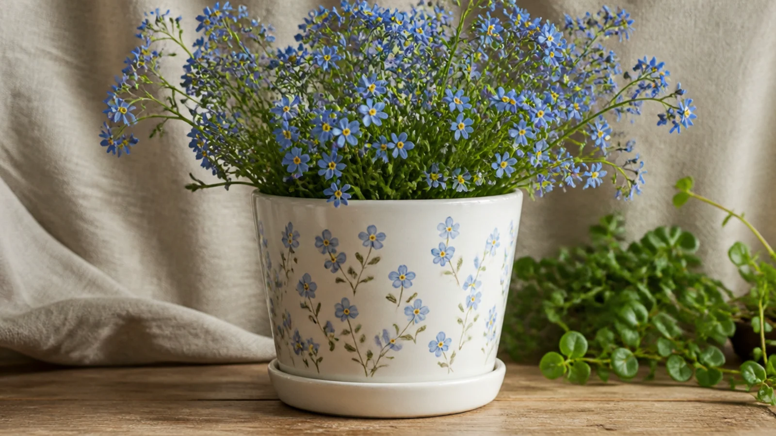 A white pot dotted with tiny blue forget-me-not flowers, each five small blue petals around a yellow center, in loose sprigs.