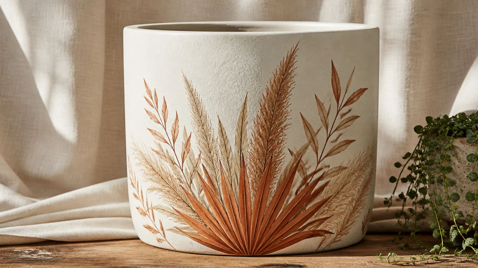 A cream pot with a boho spray of dried-palm and pampas fronds painted in tan and rust rising from the base on the front.
