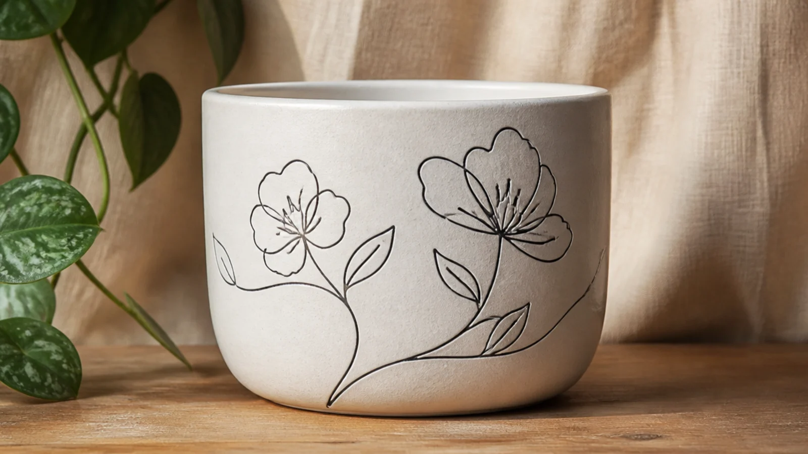 A white pot with continuous single-line drawings of flowers in fine black, minimalist and modern, wrapping the front.