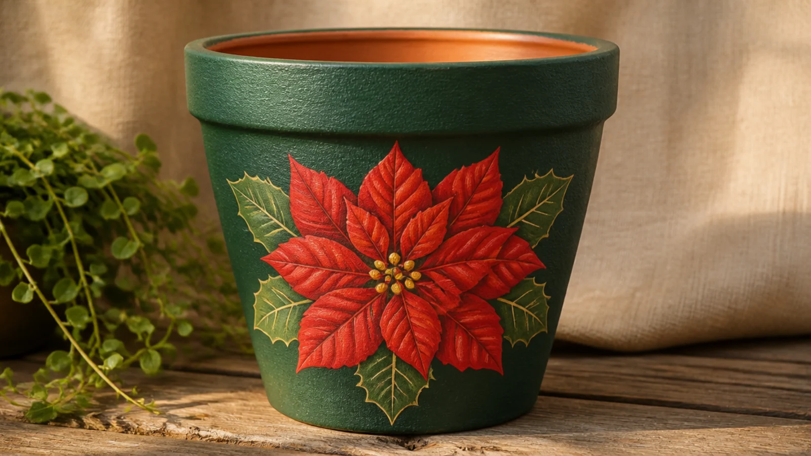 A deep-green pot with a red poinsettia painted on the front, pointed red bracts around a cluster of small yellow center dots.