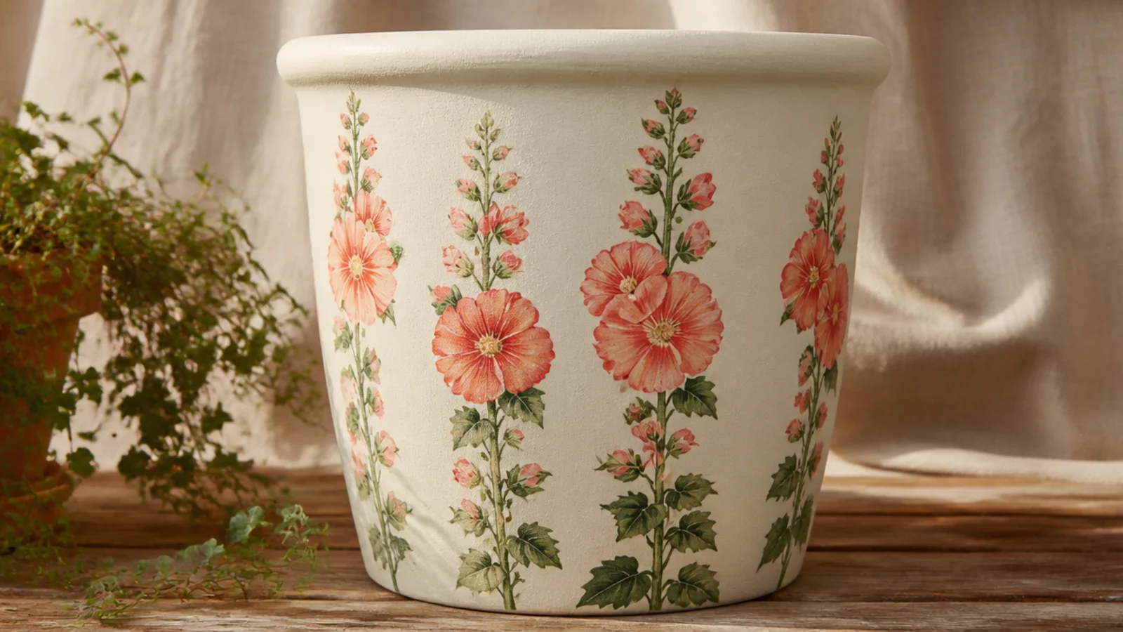 A cream pot with tall hollyhock spires painted up the sides, each stem stacked with open blush and coral flowers from bottom to top.