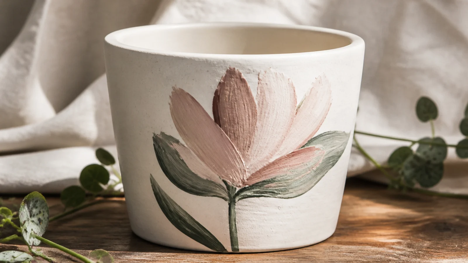 A white pot with a few loose, confident petal-shaped brushstrokes in blush and sage forming an abstract flower on the front.