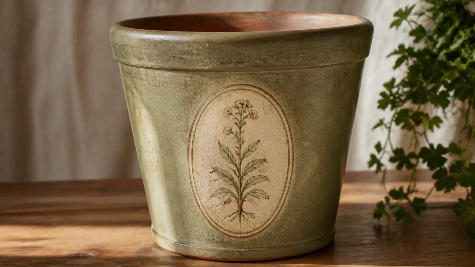 A sage pot with a painted oval frame on the front enclosing a small botanical sprig, styled like a vintage seed-packet label.