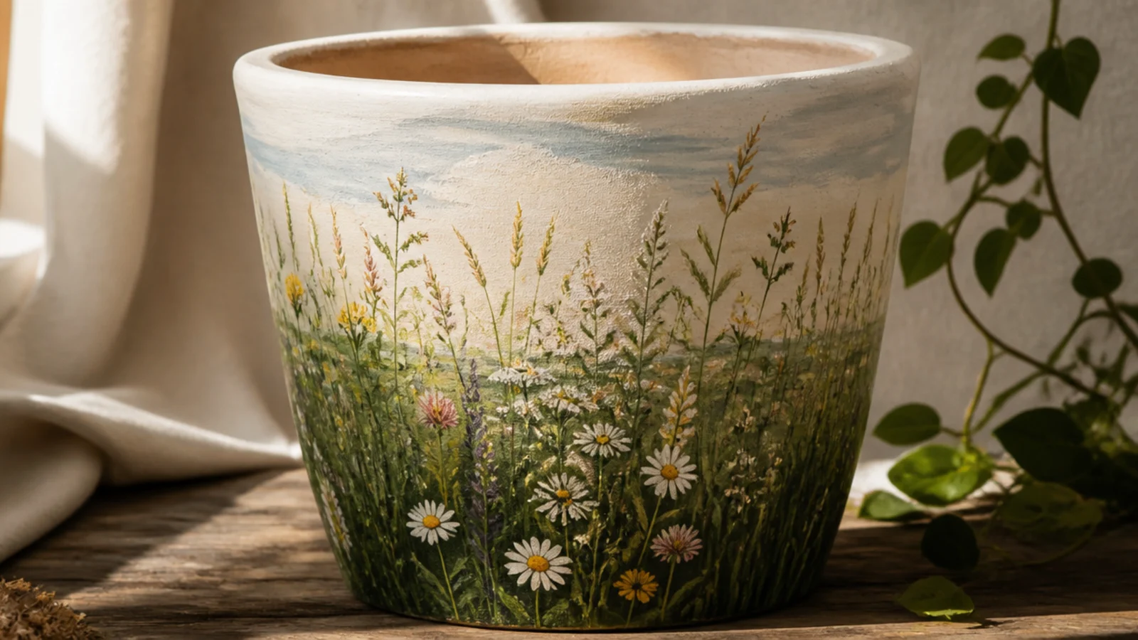 A pot painted with a wraparound meadow scene, a soft green field of grasses and mixed wildflowers under a pale sky band near the rim.