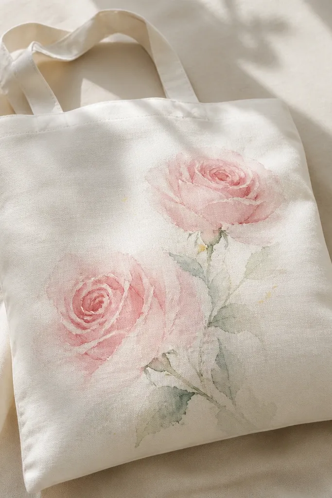 A tote with two soft pink roses, edges feathered like watercolor. The petals fade into the canvas, with pale green stems and tiny yellow specks near the leaves.