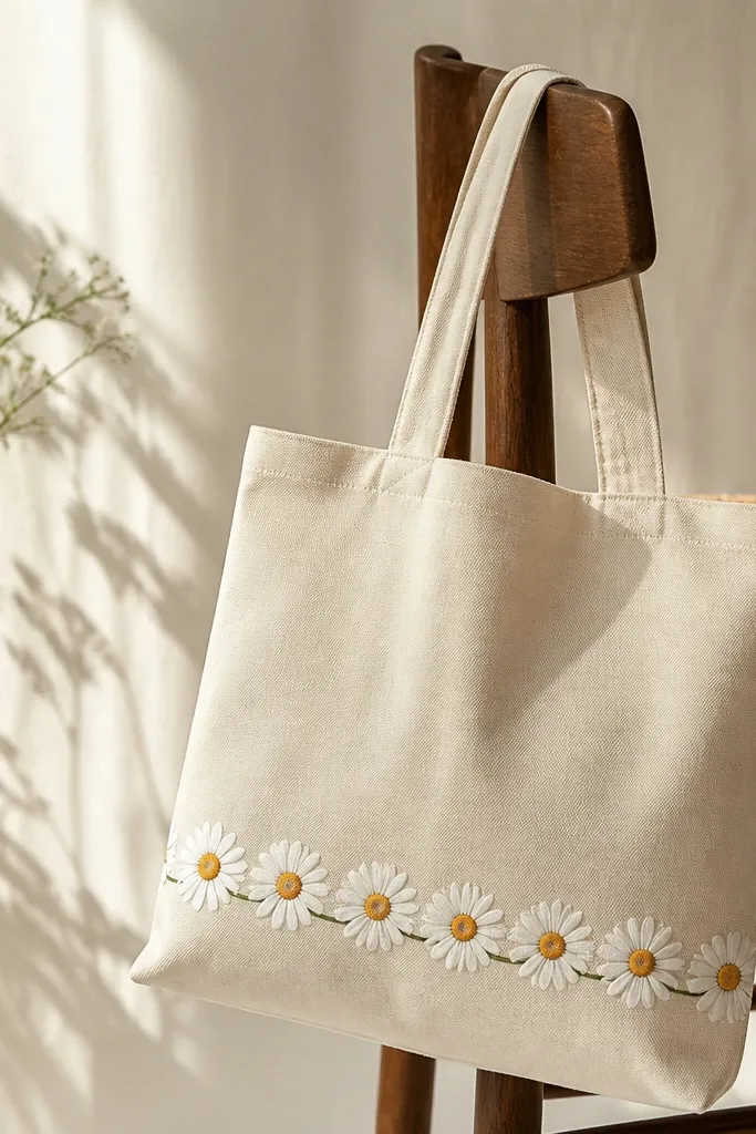 A tote with a repeating daisy border painted across the lower edge. Each daisy has white petals, a mustard-yellow center, and a thin green stem line connecting them.
