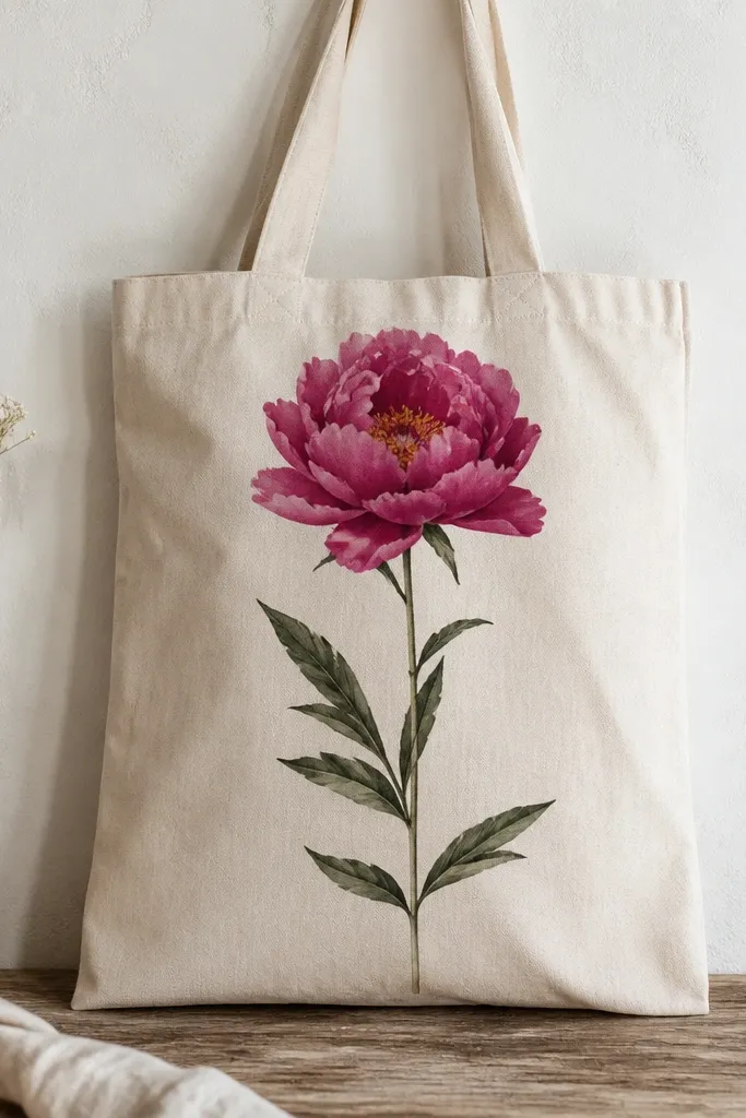 A tall peony painted near the upper center of the tote. Petals are fuchsia and magenta with darker folds, and the center has tiny gold specks over a warm orange base.