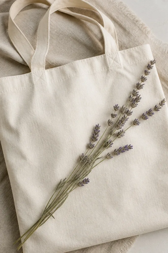 A diagonal sprig across the tote with small purple lavender buds. The stems look textured, and the lavender has soft gray-purple highlights.
