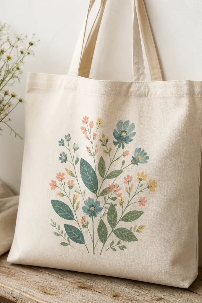A tote with a cluster of small wildflowers and leaves painted on one side. Colors include teal, coral, and pale yellow, with leaf veins drawn in a lighter green.