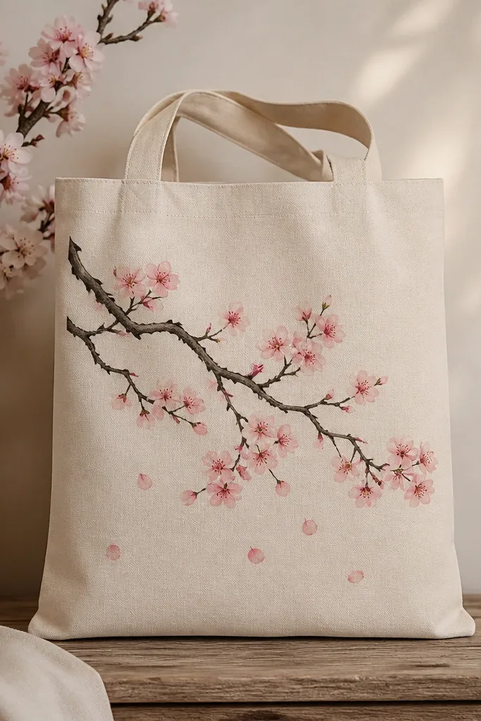A bare-branch silhouette across the tote with small cherry blossom clusters. Petals are pale pink with darker pink centers, and a few petals drift downward.