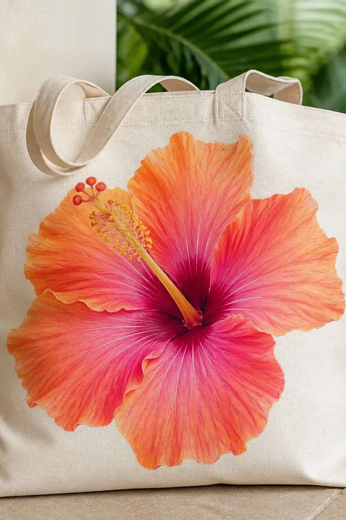 A bold hibiscus painted on a tote front. Petals fade from bright orange to coral to pink, with a darker magenta throat and a yellow center.