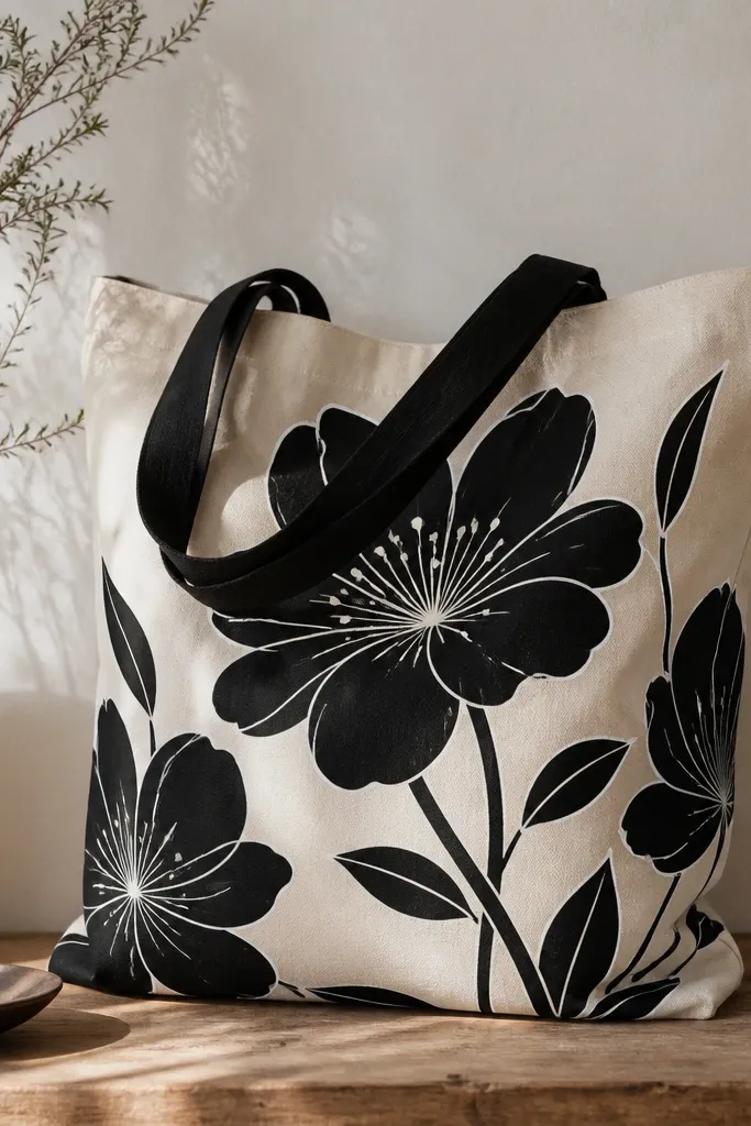 A black-on-natural tote with white highlighted flower outlines. Petals are mostly black filled shapes with crisp white edge strokes and small white dots.