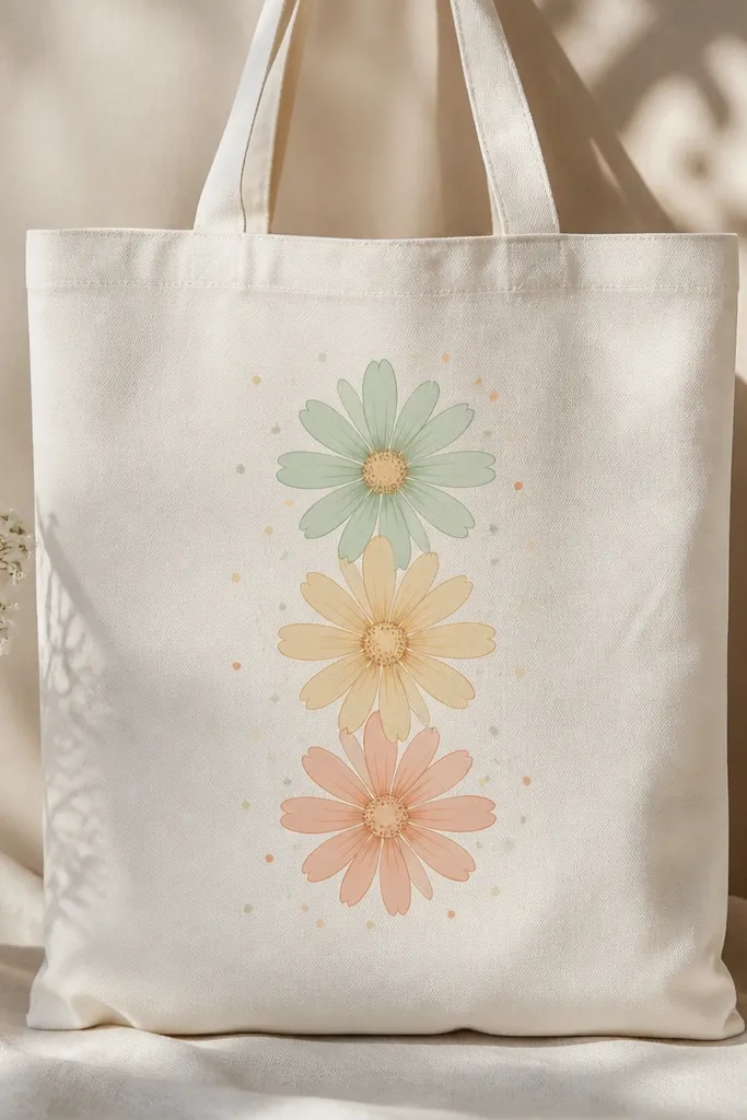 A tote front with three stacked flowers. Each flower has pastel petals: mint, pale yellow, and peach, with tiny dots in a matching color palette.