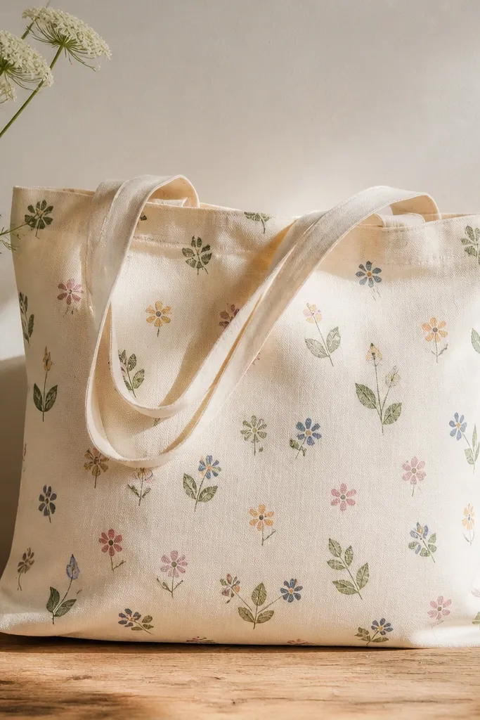 A tote with scattered tiny flowers across the front. Leaf shapes look stamped and repeated, while flowers are small five-petal blooms in soft colors.